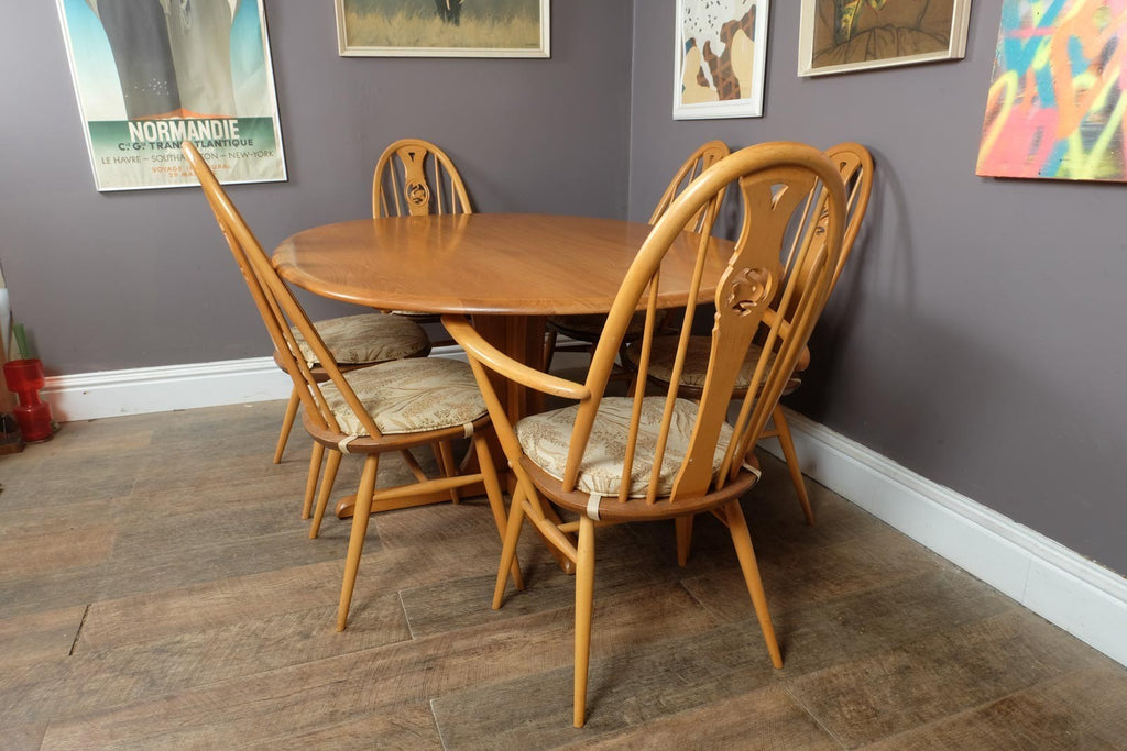 Vintage Ercol Light Elm Oval Southwold DIning Table and 6 Swan Back Chairs