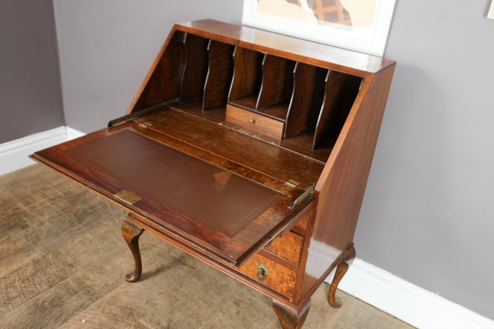 Vintage Queen Anne Style Burr Walnut Bureau