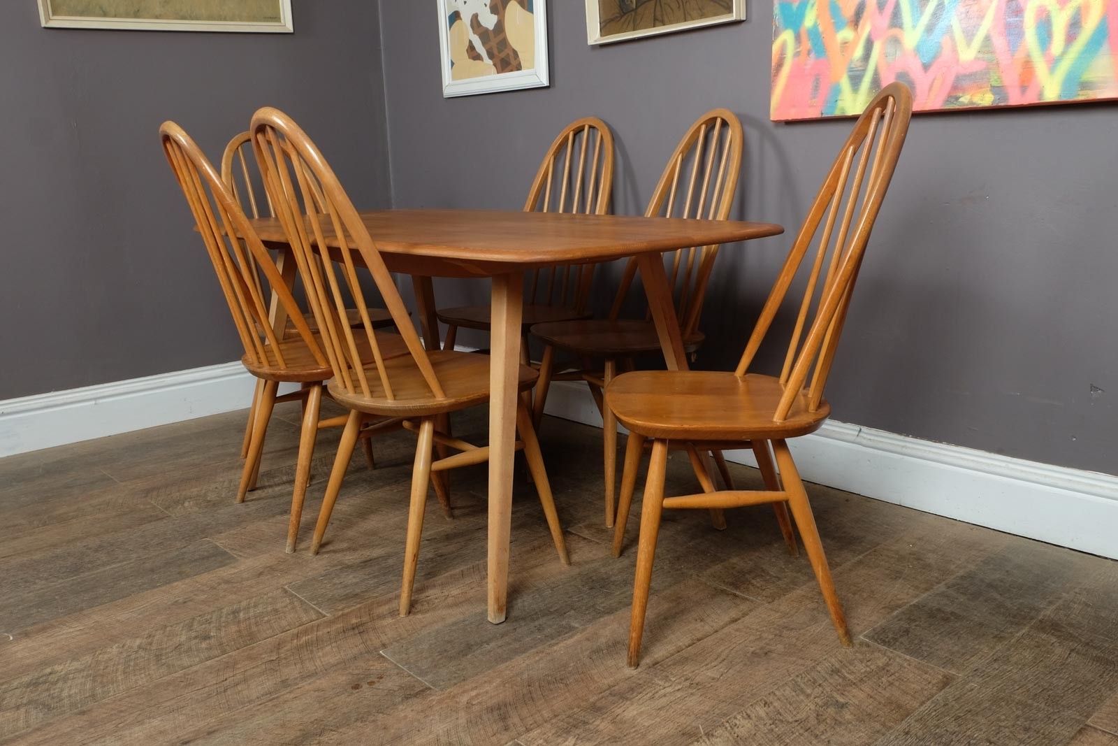 Vintage Retro Ercol Light Elm Plank Dining Table and 6 Quaker Chairs