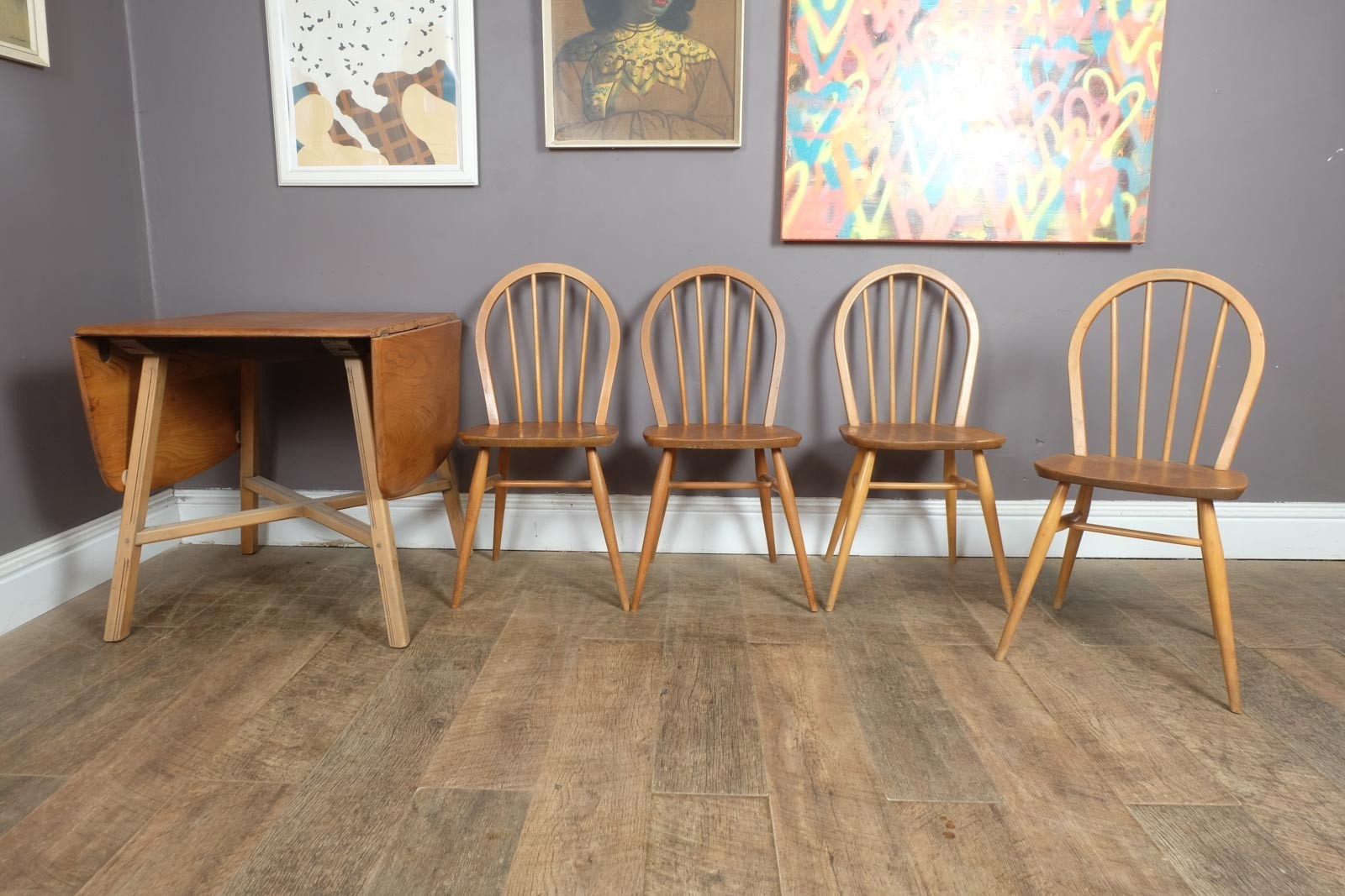 Vintage Retro Ercol Light Elm Drop Leaf Dining Table and 4 Chairs