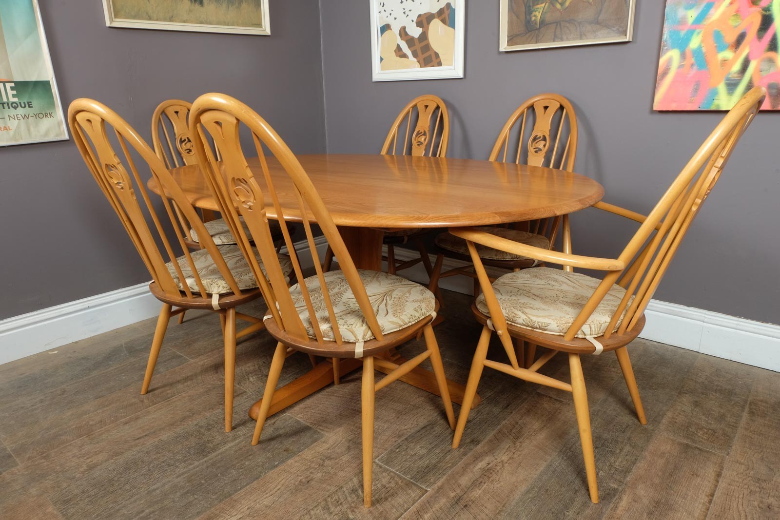 Vintage Ercol Light Elm Oval Southwold DIning Table and 6 Swan Back Chairs