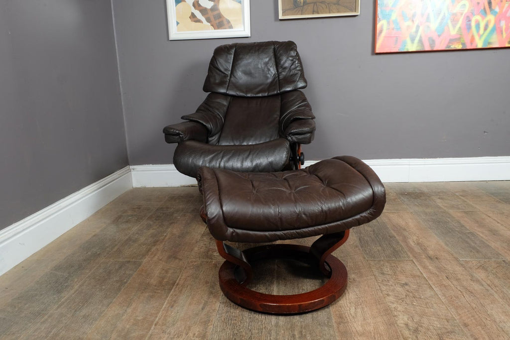 Vintage Retro Dark Brown Leather Stress Less Reclining Armchair and Footstool