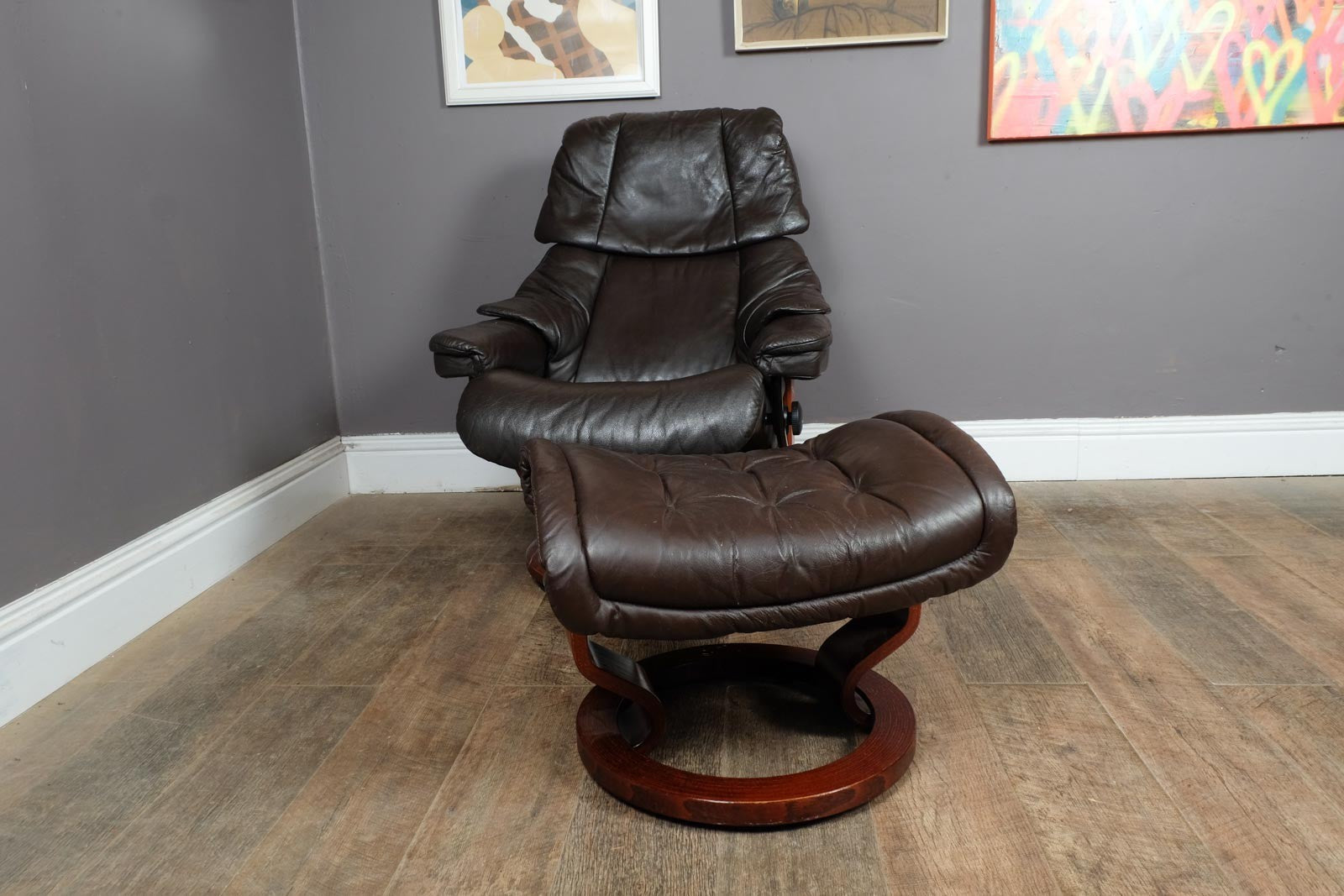 Vintage Retro Dark Brown Leather Stress Less Reclining Armchair and Footstool
