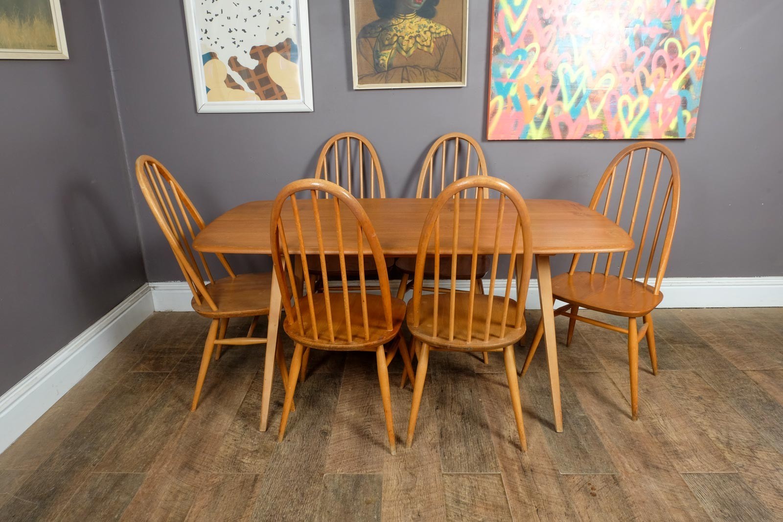 Vintage Retro Ercol Light Elm Plank Dining Table and 6 Quaker Chairs