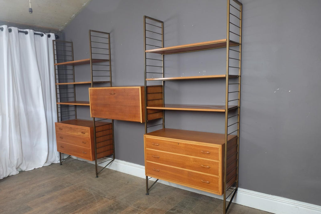 3 Bays Mid Century Modern Ladderax Shelving System with Gold Ladders