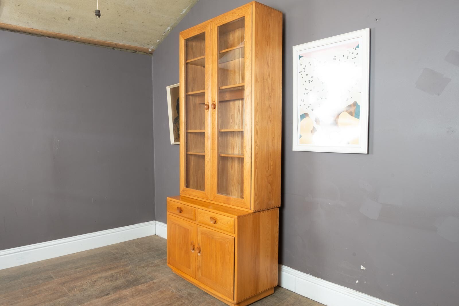 Vintage Ercol Light Elm 2 Part Wall Unit