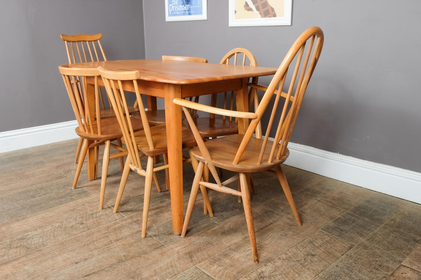 Vintage Retro Light Elm Dining Table and 6 Ercol Chairs