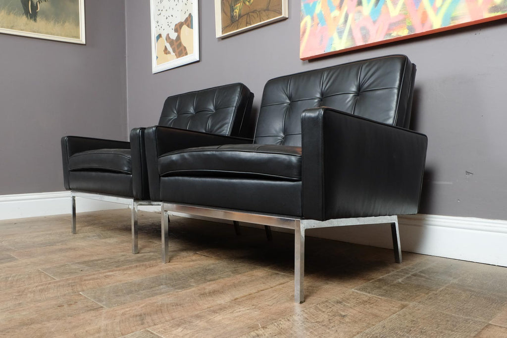 Pair of Florence Knoll Black Leather Lounge chairs model 65A
