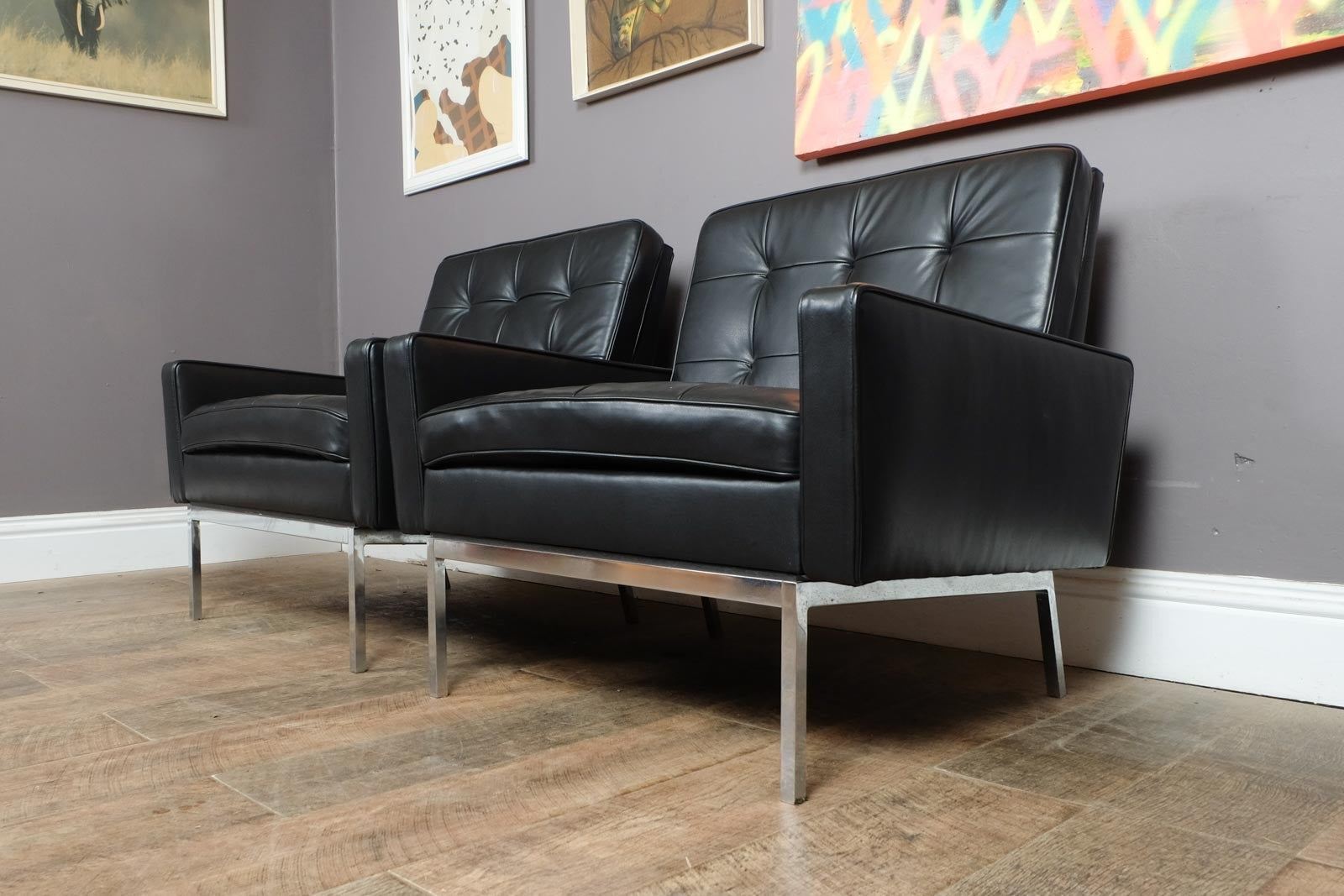 Pair of Florence Knoll Black Leather Lounge chairs model 65A