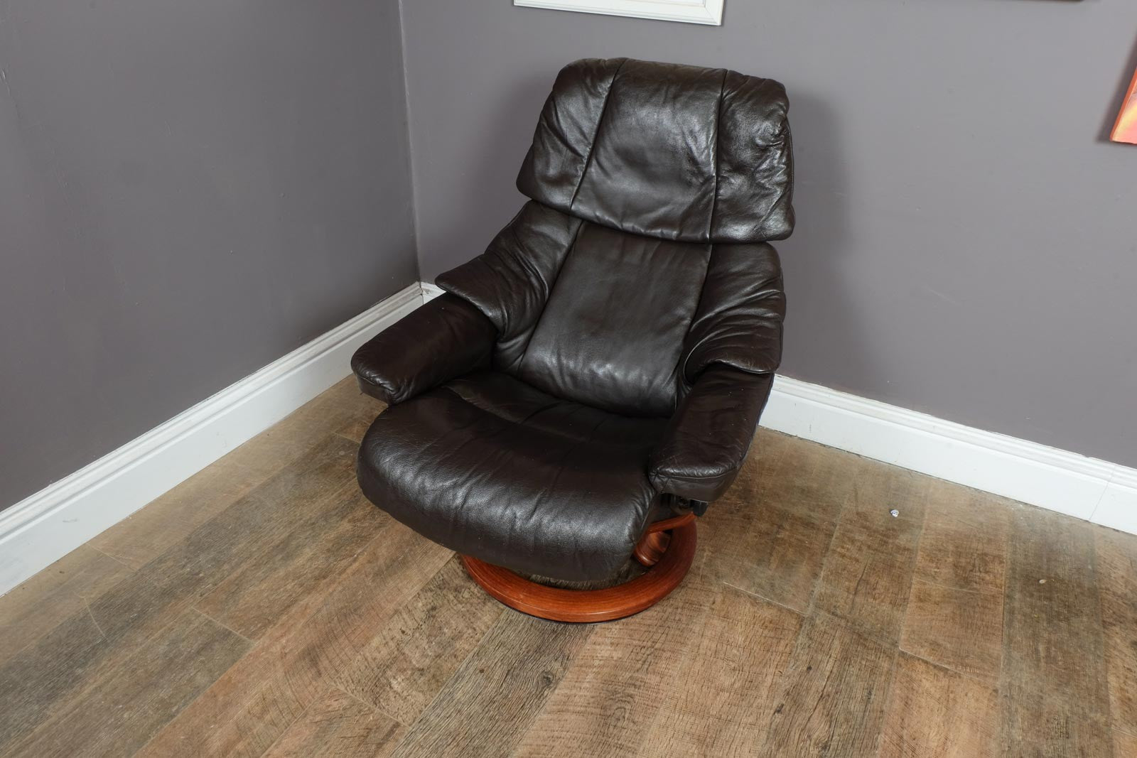 Vintage Retro Dark Brown Leather Stress Less Reclining Armchair and Footstool