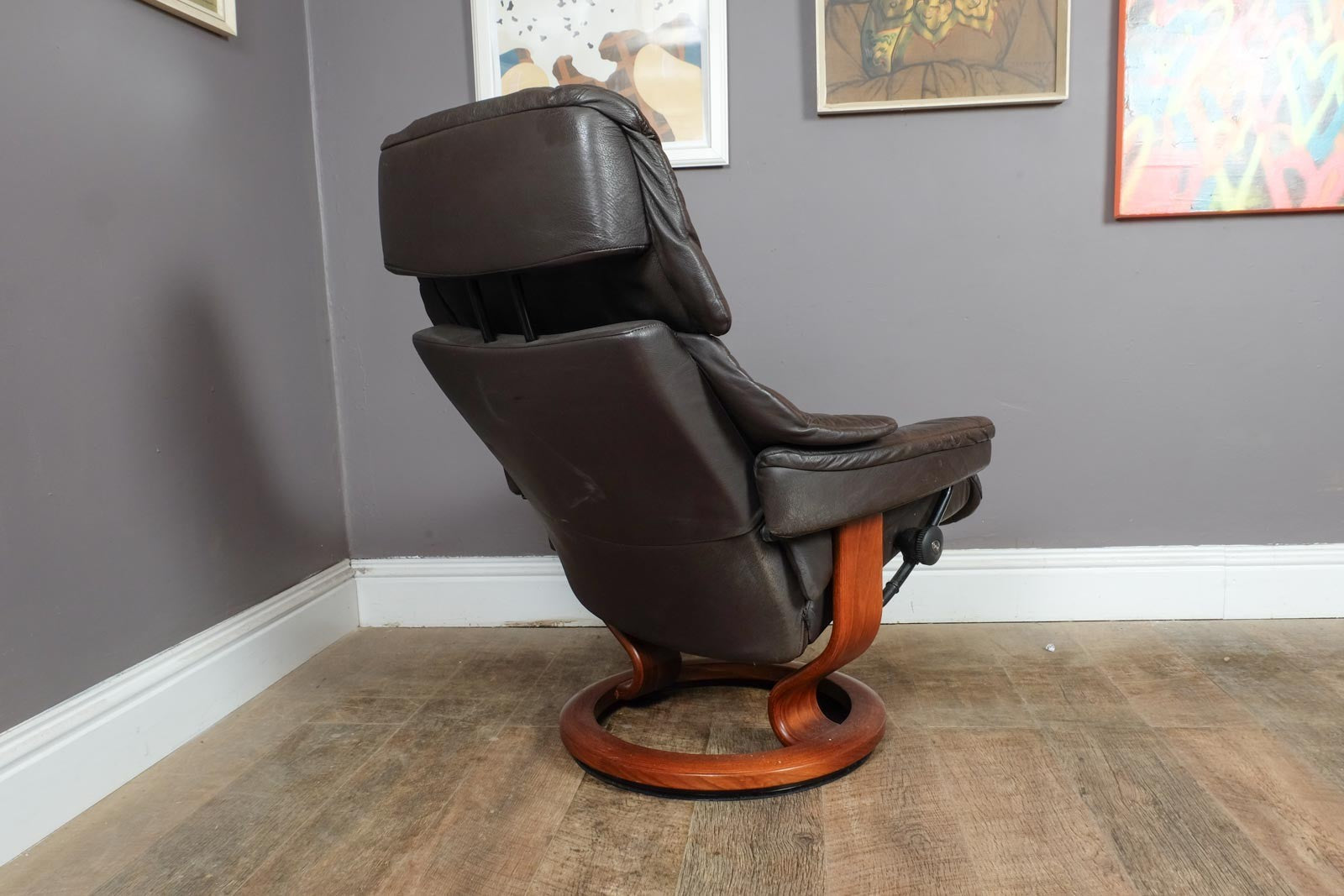 Vintage Retro Dark Brown Leather Stress Less Reclining Armchair and Footstool