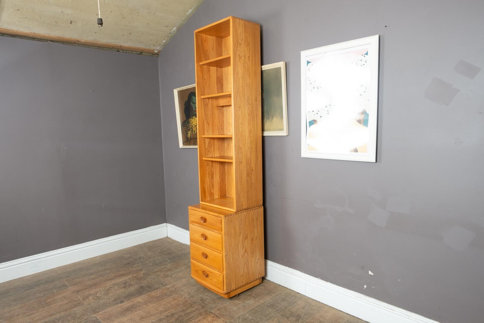 Vintage Ercol Light Elm 2 Part Drawer Unit Display Cabinet