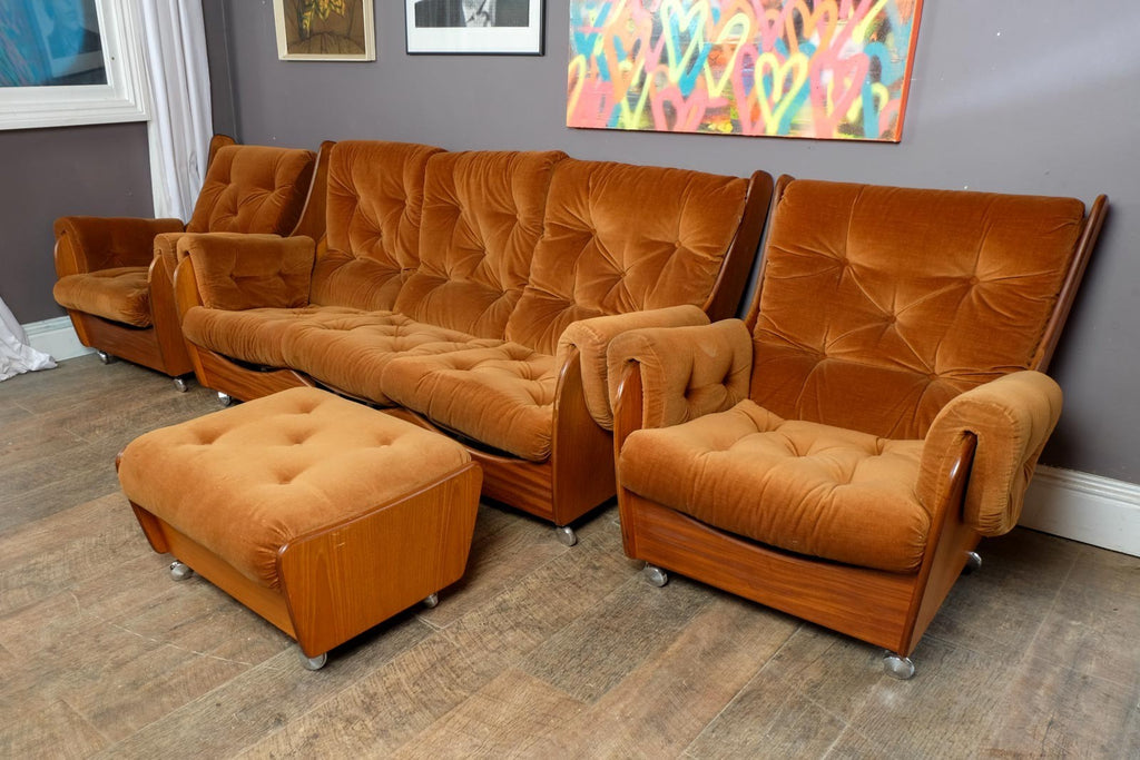Vintage Retro G Plan Saddleback 4 Piece Suite - Sofa, Armchairs and Footstool