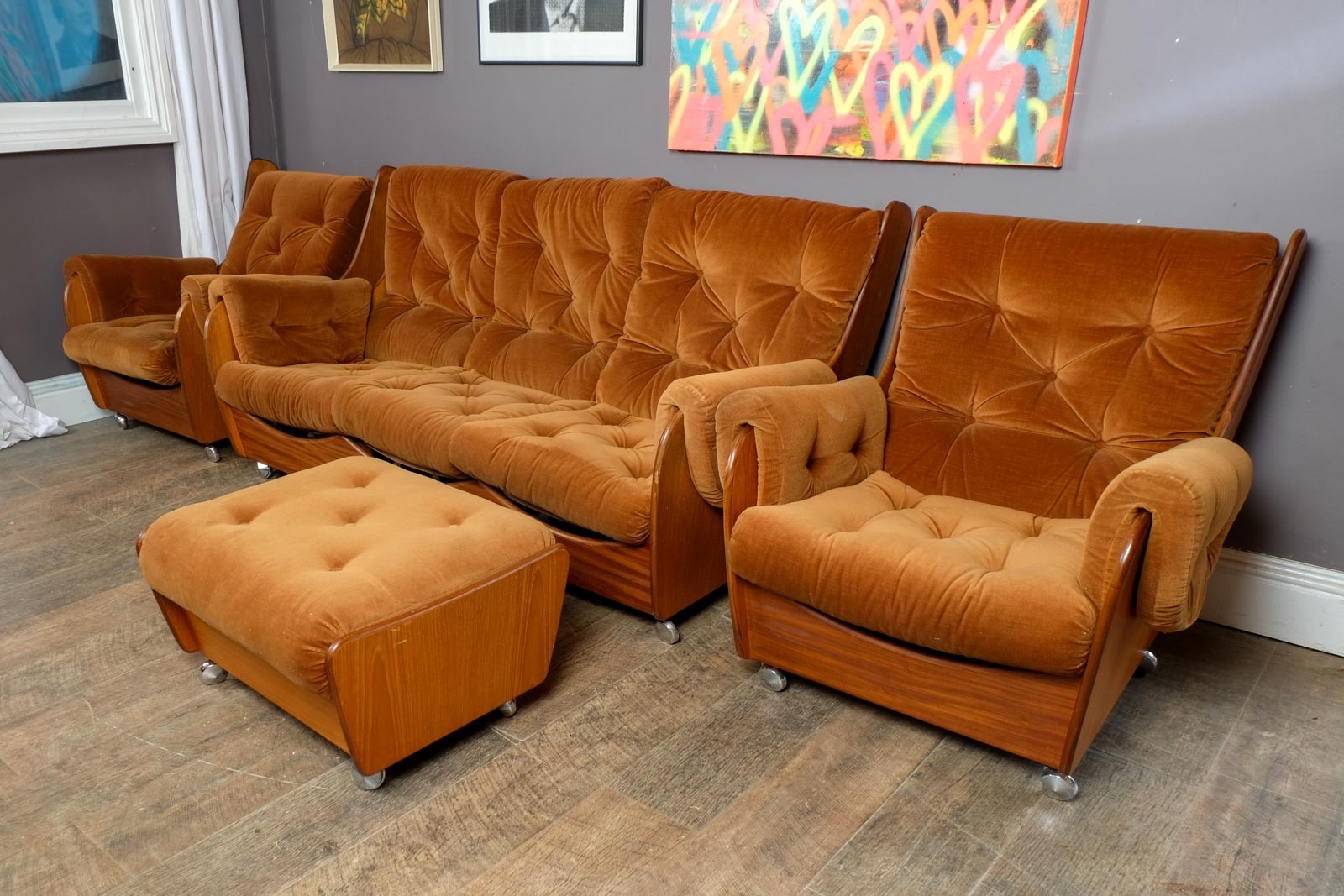Vintage Retro G Plan Saddleback 4 Piece Suite - Sofa, Armchairs and Footstool