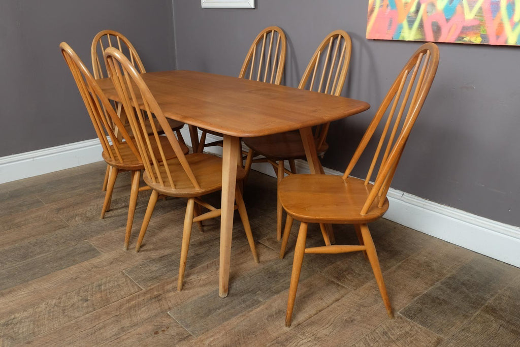 Vintage Retro Ercol Light Elm Plank Dining Table and 6 Quaker Chairs