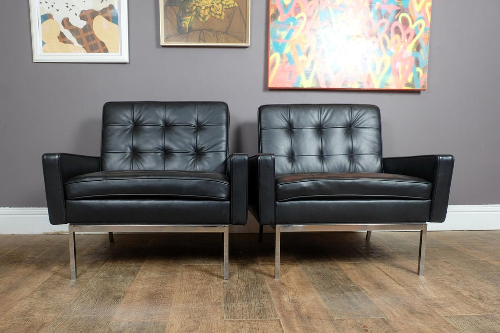 Pair of Florence Knoll Black Leather Lounge chairs model 65A