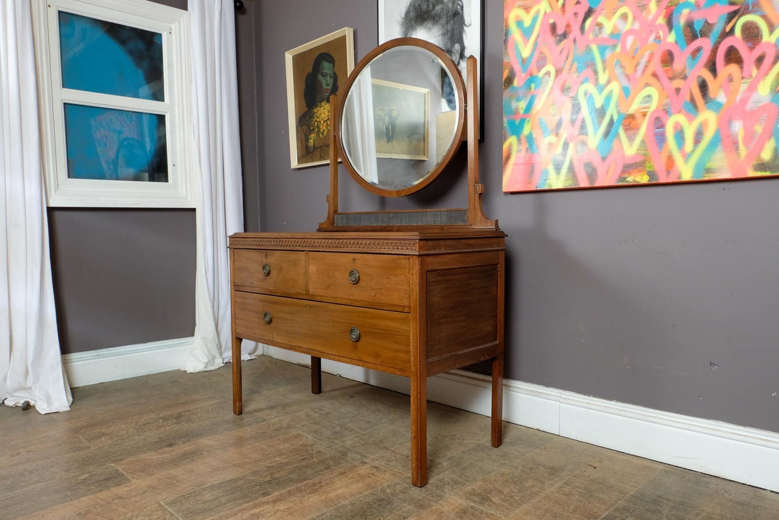 Vintage Oak Dressing Table with Oval Mirror