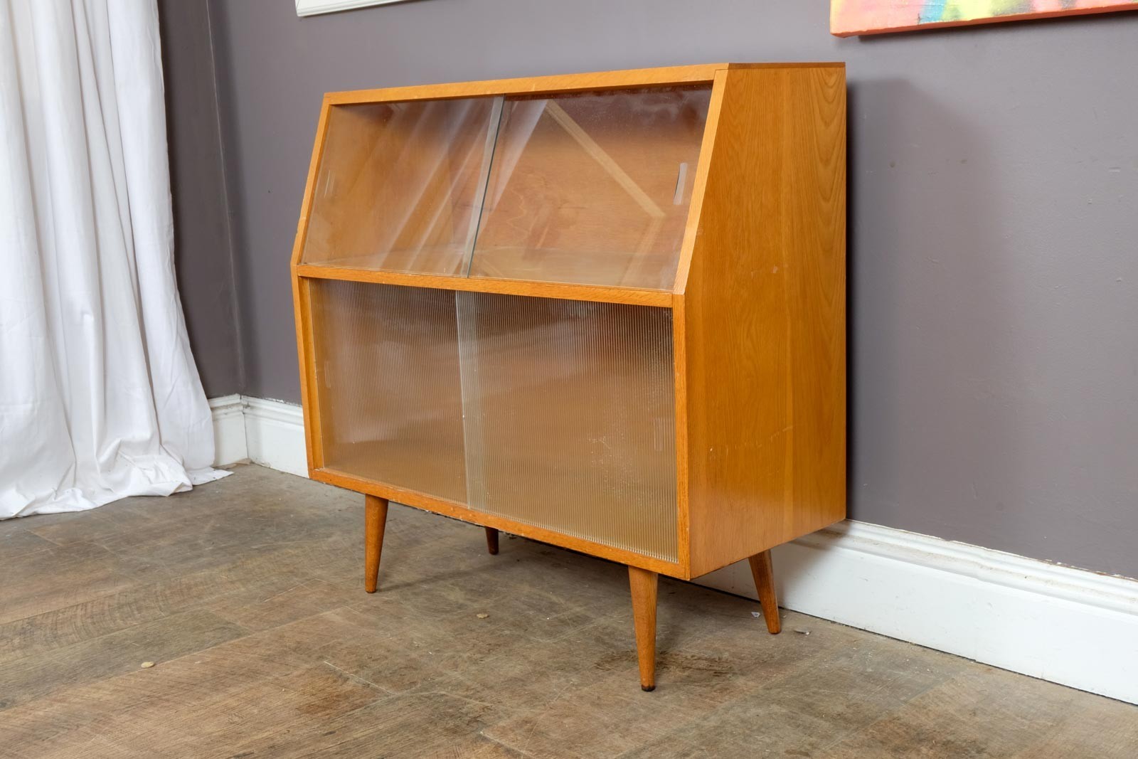 Vintage Mid Century Light Oak Record Cabinet