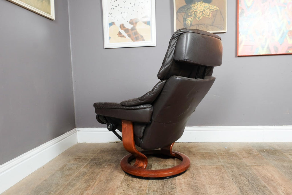 Vintage Retro Dark Brown Leather Stress Less Reclining Armchair and Footstool