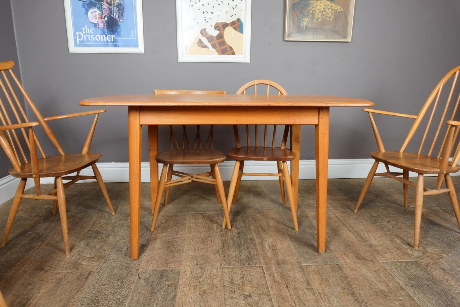 Vintage Retro Light Elm Dining Table and 6 Ercol Chairs