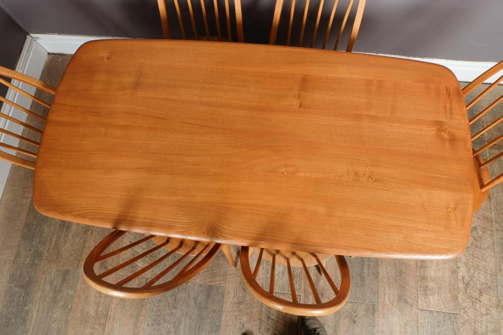 Vintage Retro Ercol Light Elm Plank Dining Table and 6 Quaker Chairs