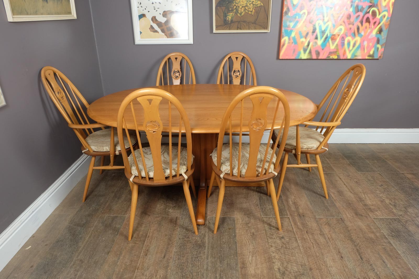 Vintage Ercol Light Elm Oval Southwold DIning Table and 6 Swan Back Chairs