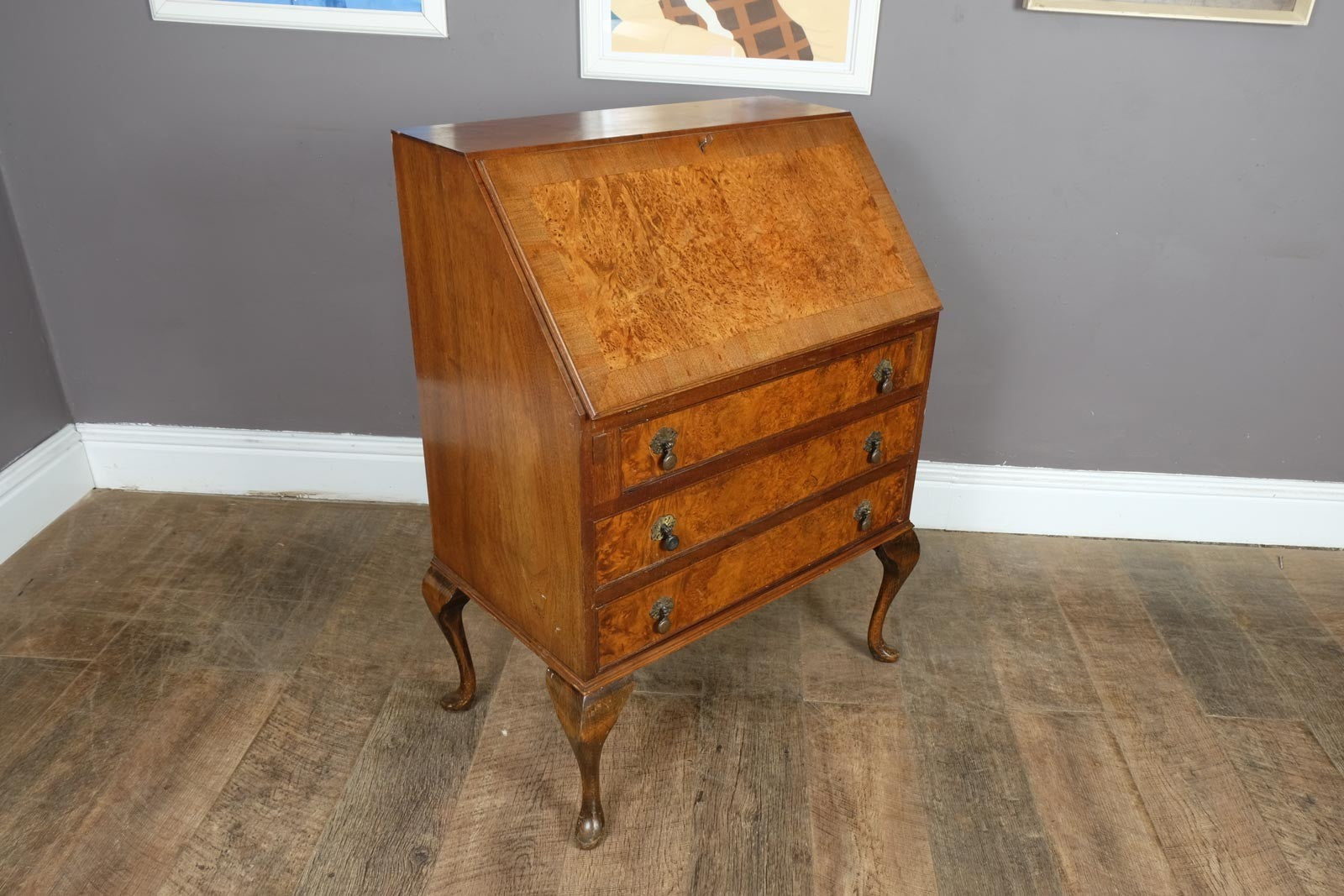 Vintage Queen Anne Style Burr Walnut Bureau