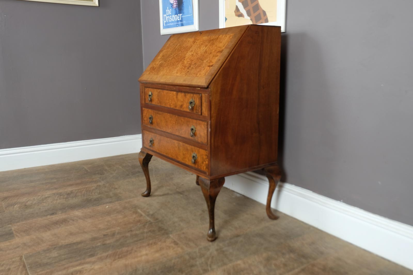 Vintage Queen Anne Style Burr Walnut Bureau