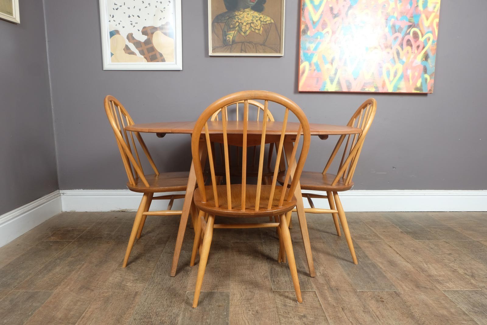 Vintage RetroErcol Light Elm Drop Leaf Table and 4 Windsor Chairs