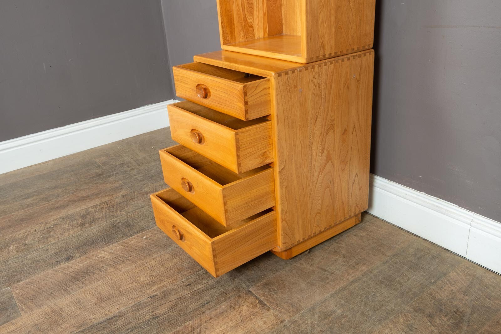 Vintage Ercol Light Elm 2 Part Drawer Unit Display Cabinet