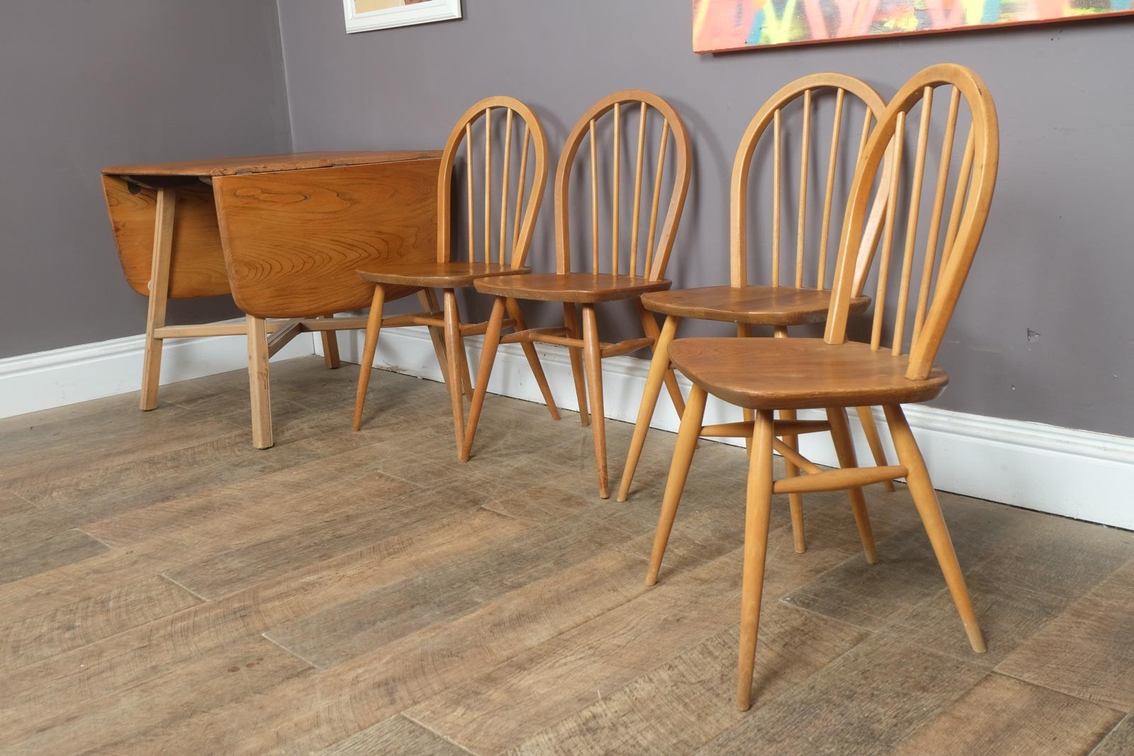 Vintage Retro Ercol Light Elm Drop Leaf Dining Table and 4 Chairs