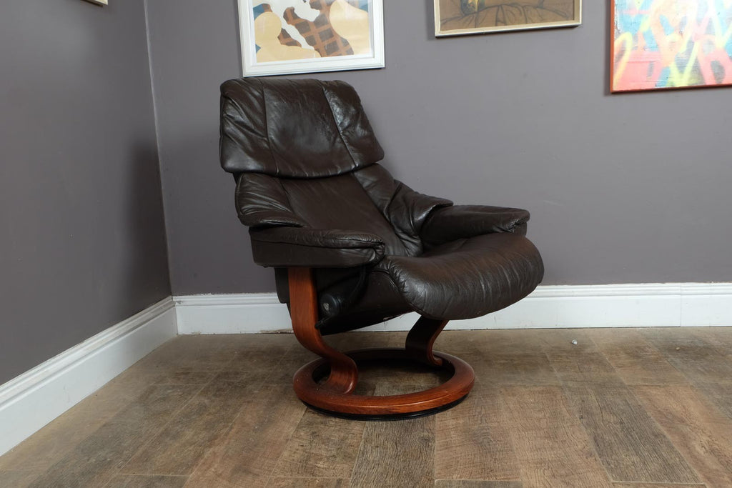 Vintage Retro Dark Brown Leather Stress Less Reclining Armchair and Footstool