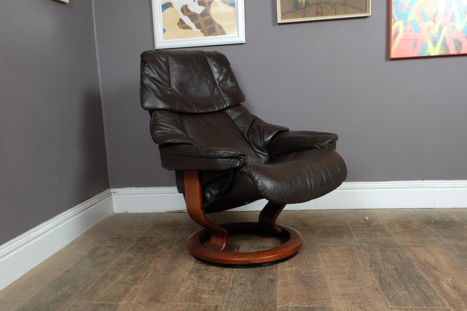 Vintage Retro Dark Brown Leather Stress Less Reclining Armchair and Footstool