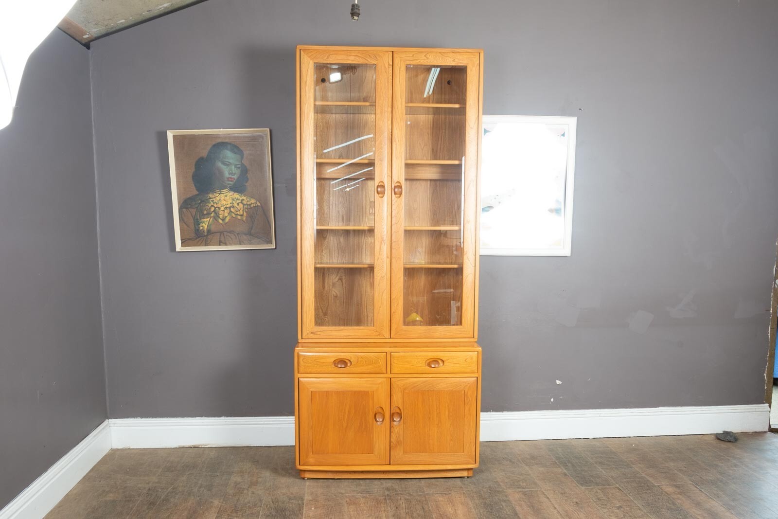Vintage Ercol Light Elm 2 Part Wall Unit