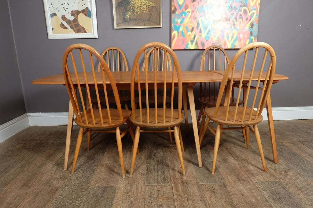 Vintage Retro Ercol Light Elm Plank Dining Table and 6 Quaker Chairs
