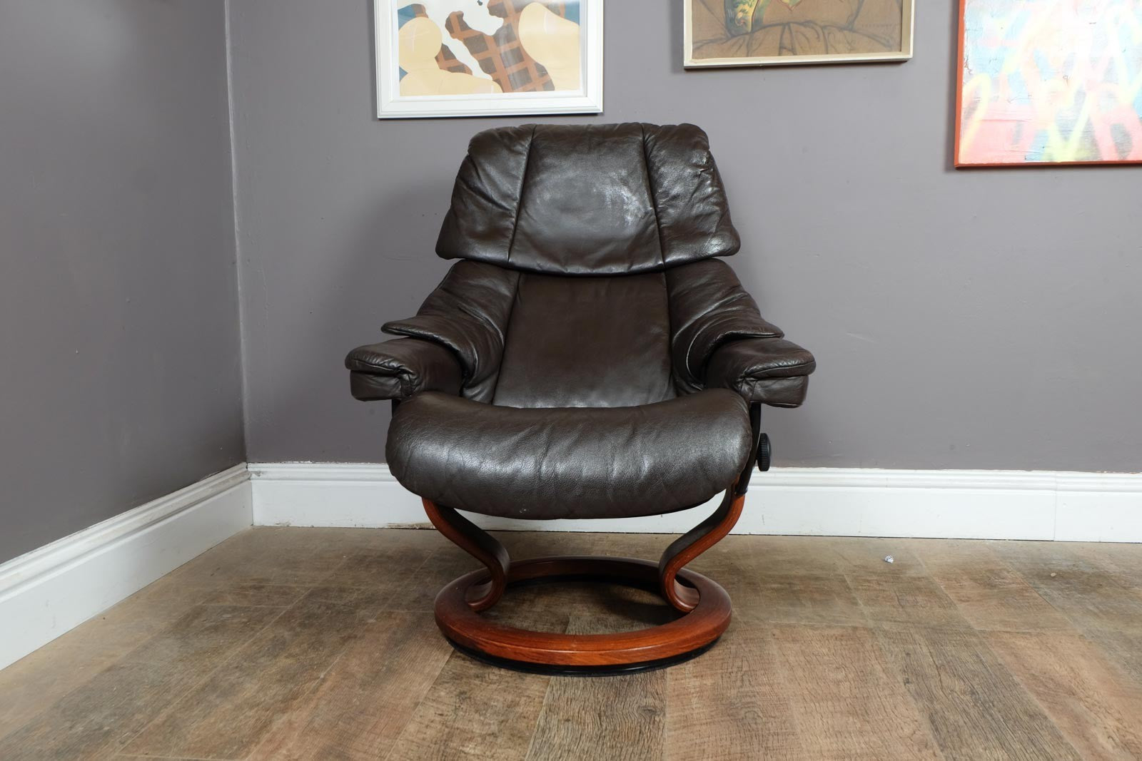 Vintage Retro Dark Brown Leather Stress Less Reclining Armchair and Footstool