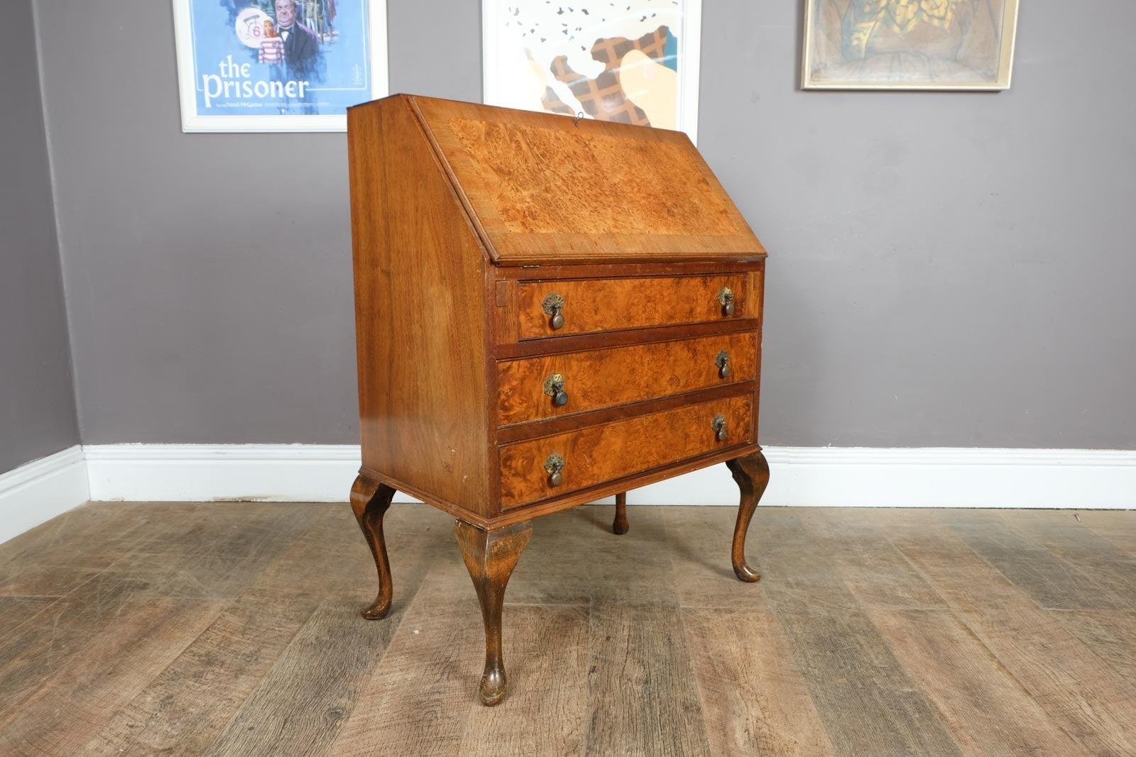 Vintage Queen Anne Style Burr Walnut Bureau