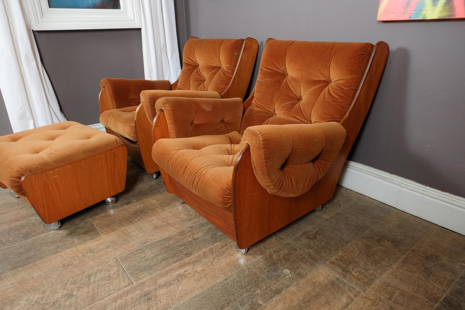 Vintage Retro G Plan Saddleback 4 Piece Suite - Sofa, Armchairs and Footstool