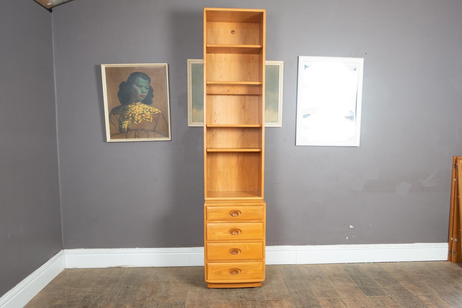 Vintage Ercol Light Elm 2 Part Drawer Unit Display Cabinet