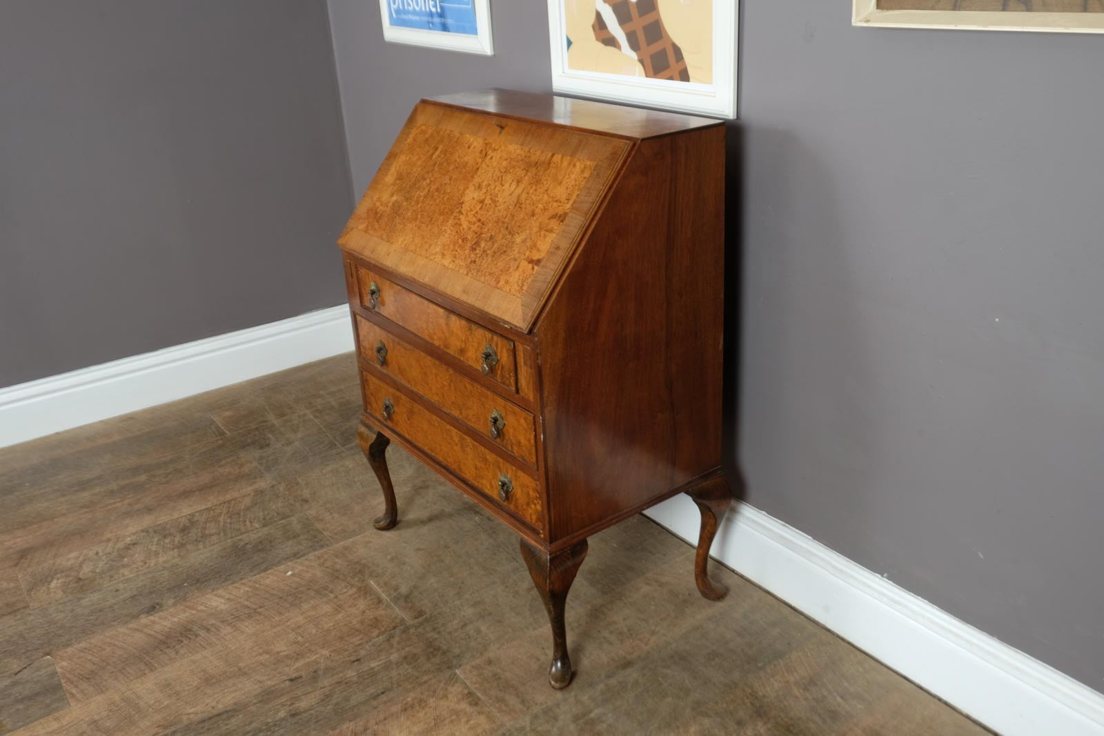 Vintage Queen Anne Style Burr Walnut Bureau