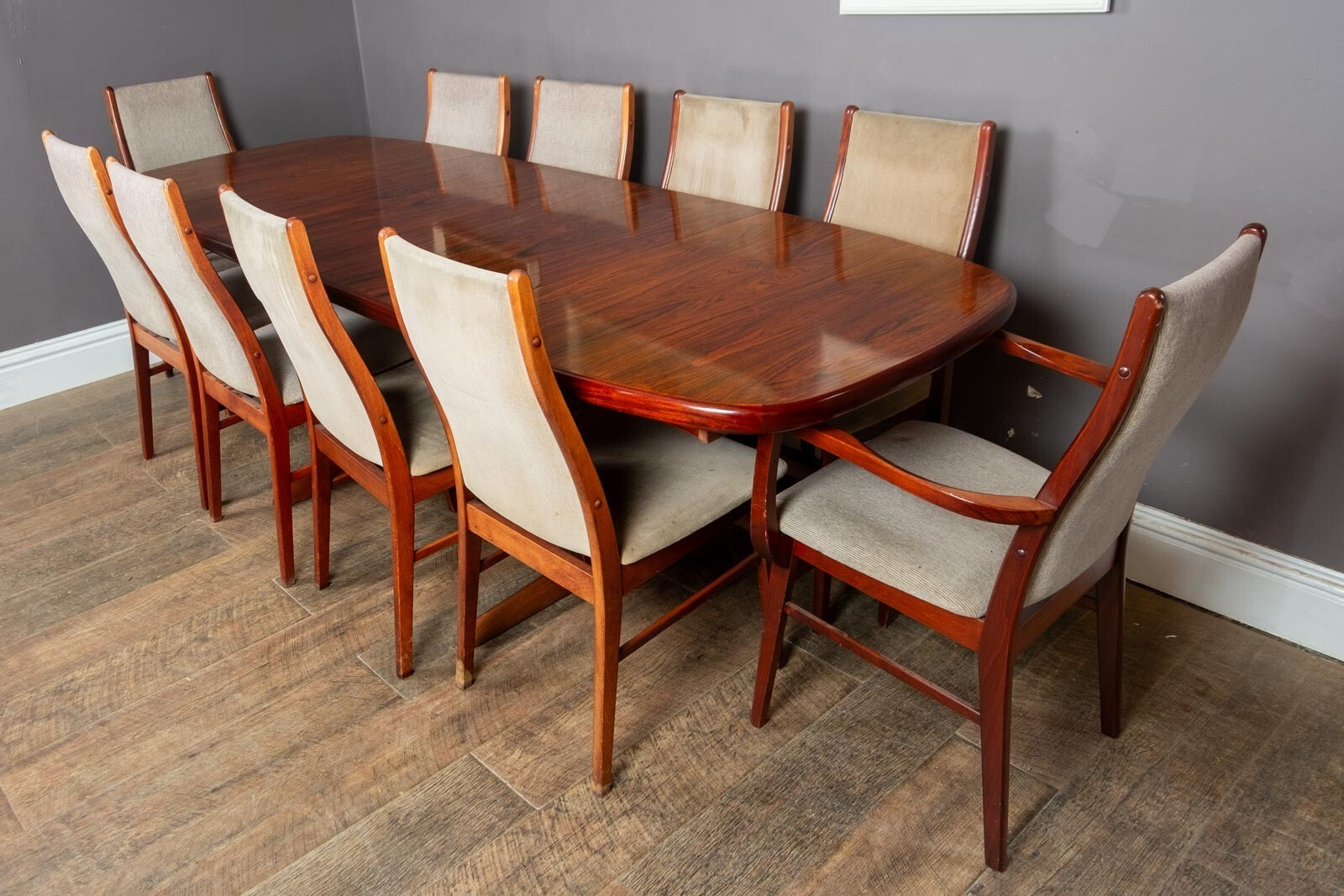 Vintage Danish Rosewood Dining Table and 10 Chairs