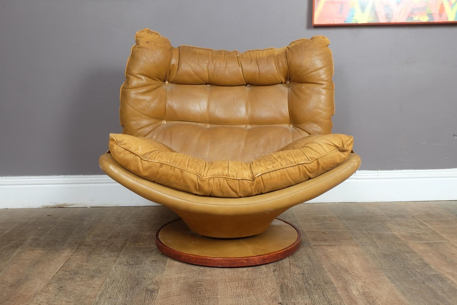 Vintage Retro Mid Century Distressed Leather Swivel Armchair