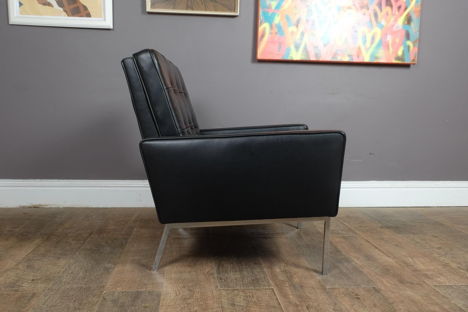 Pair of Florence Knoll Black Leather Lounge chairs model 65A