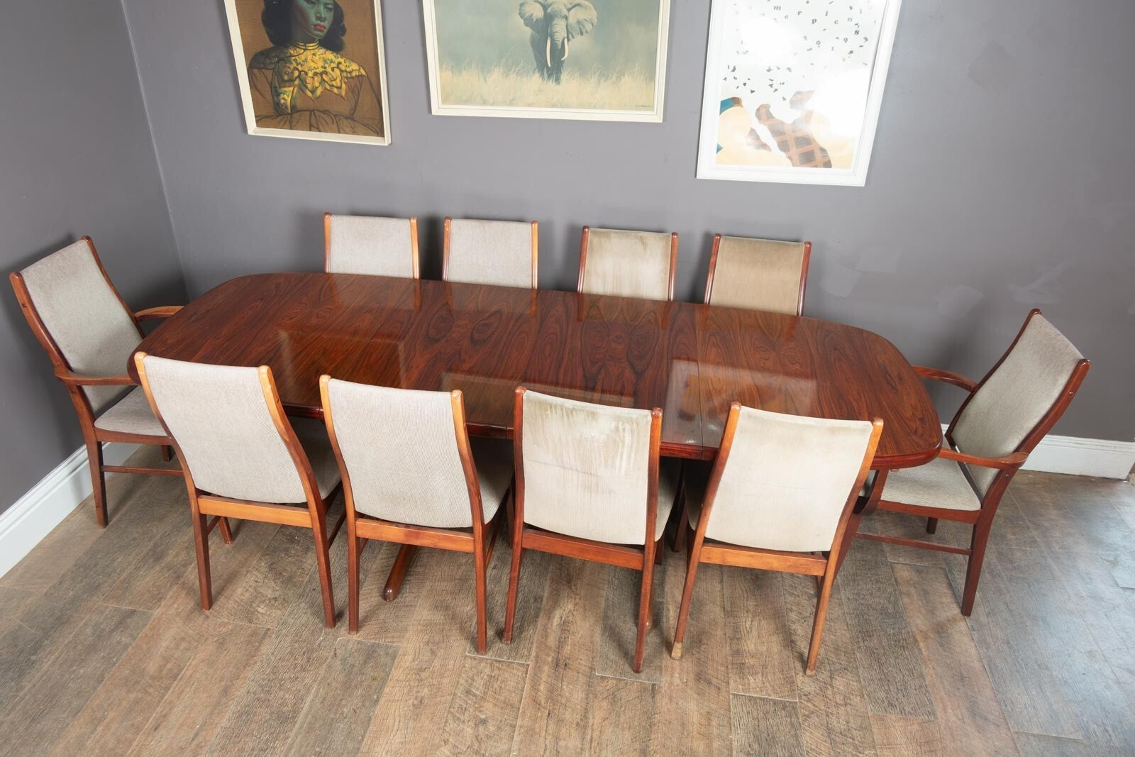 Vintage Danish Rosewood Dining Table and 10 Chairs