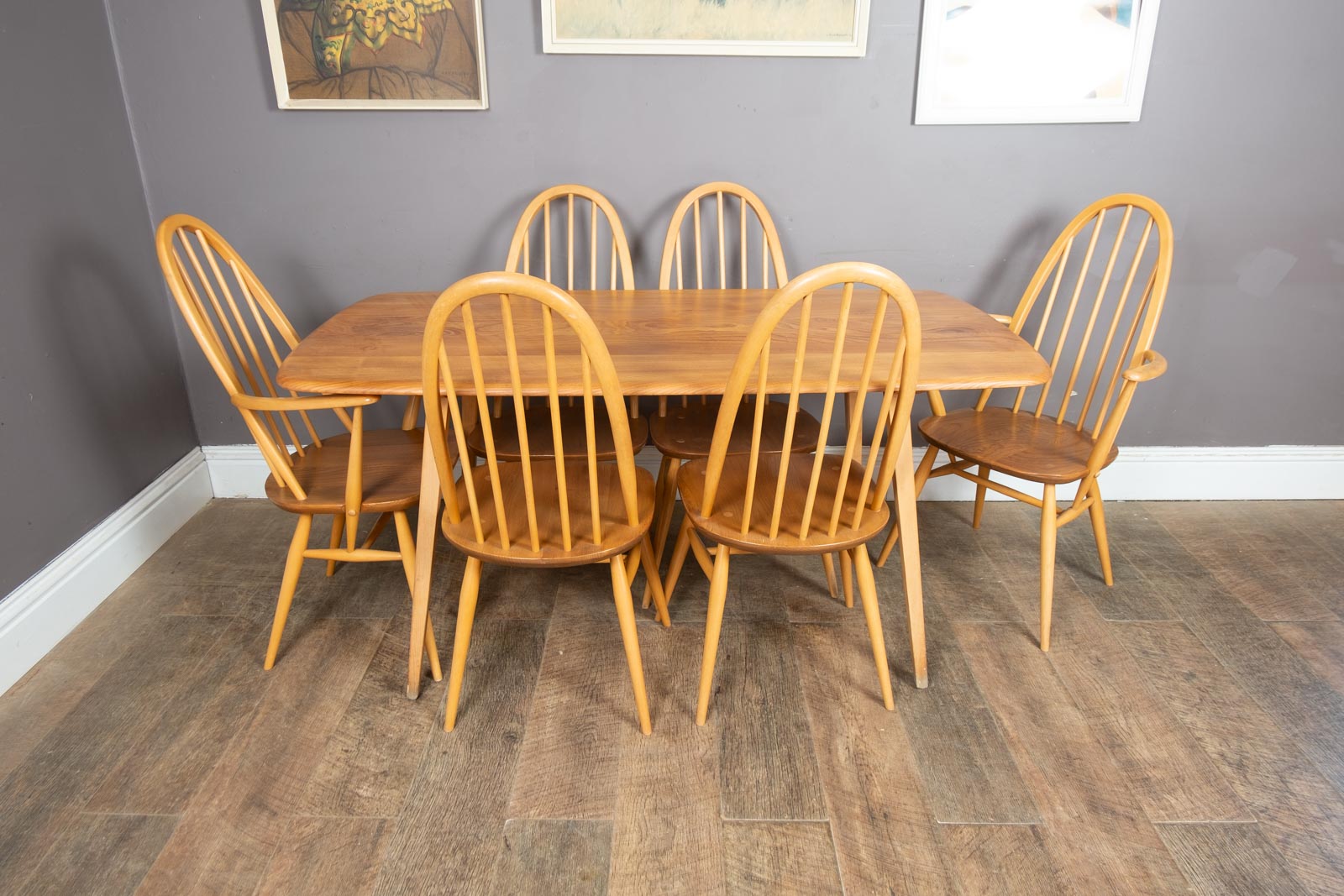 Ercol Light Elm Plank Dining Table and 6 Quaker Chairs - 4 Diners 2 Carvers