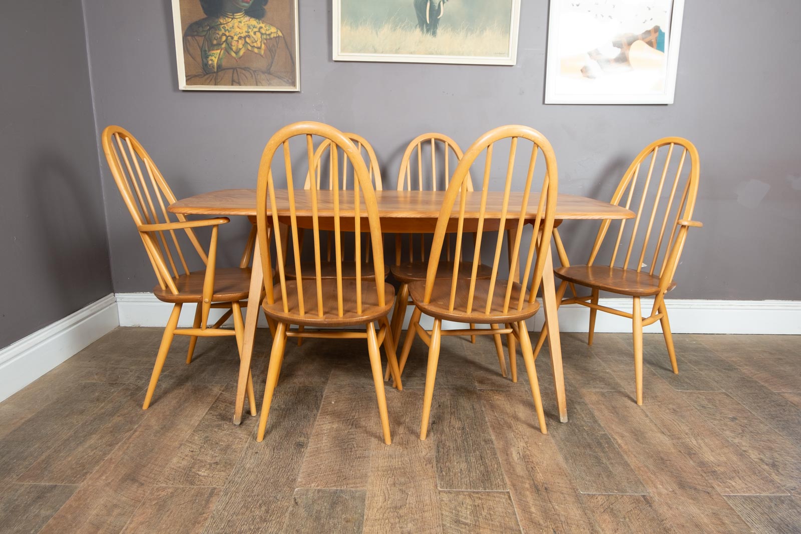 Ercol Light Elm Plank Dining Table and 6 Quaker Chairs - 4 Diners 2 Carvers