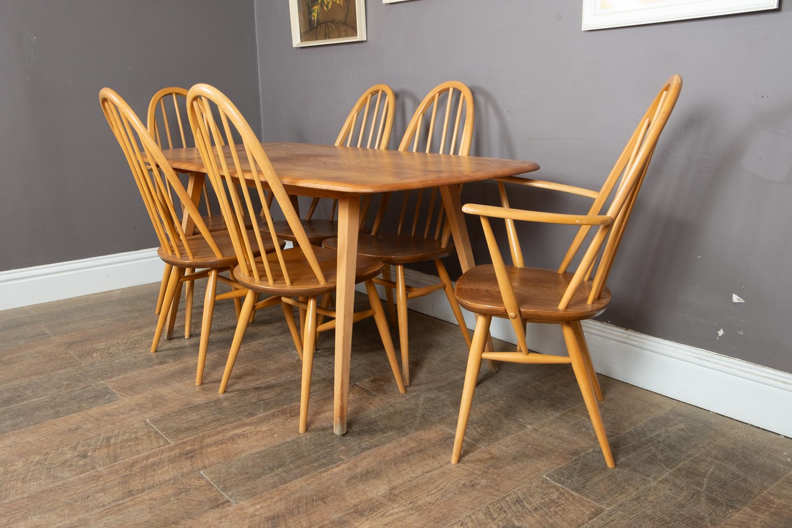 Ercol Light Elm Plank Dining Table and 6 Quaker Chairs - 4 Diners 2 Carvers