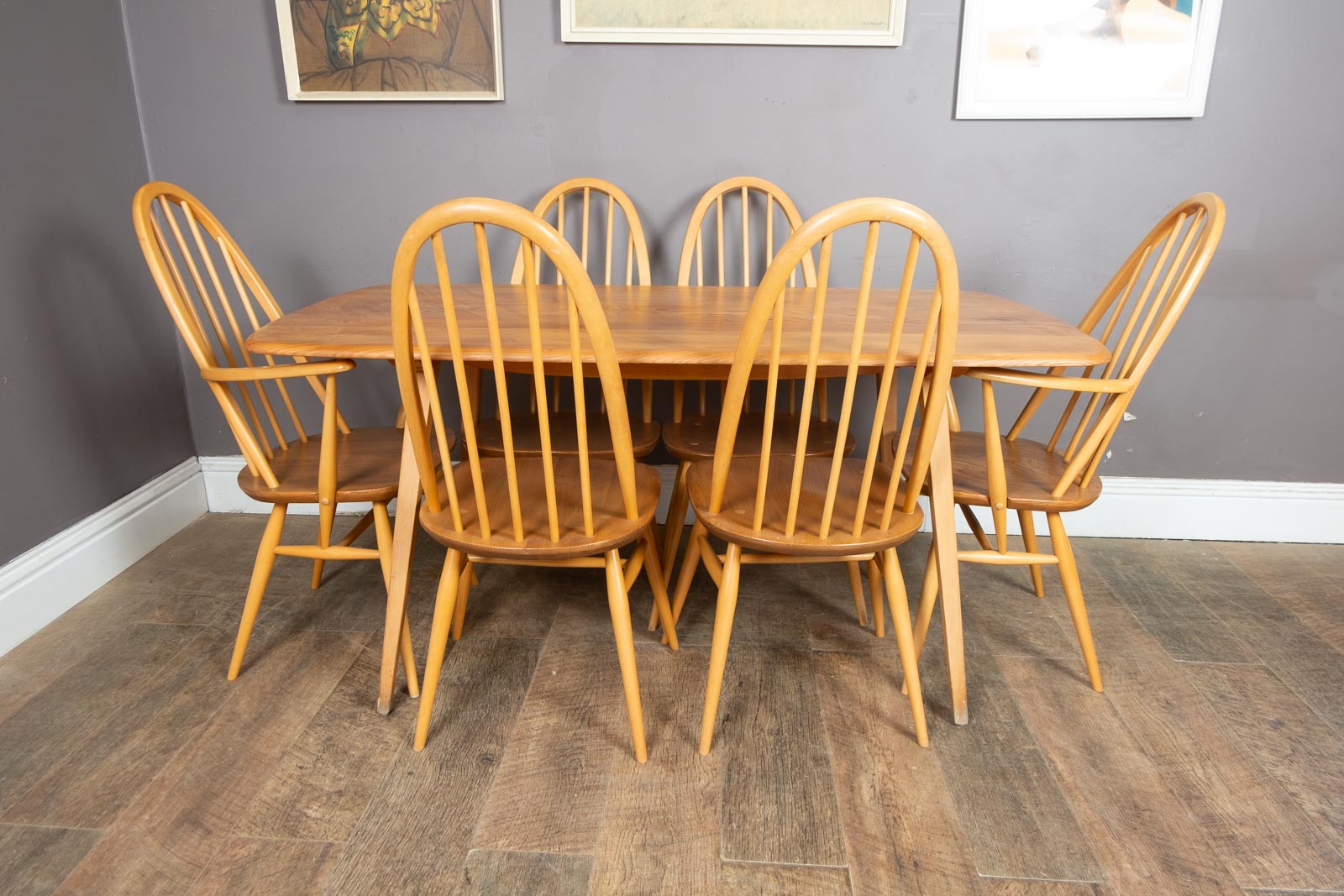 Ercol Light Elm Plank Dining Table and 6 Quaker Chairs - 4 Diners 2 Carvers