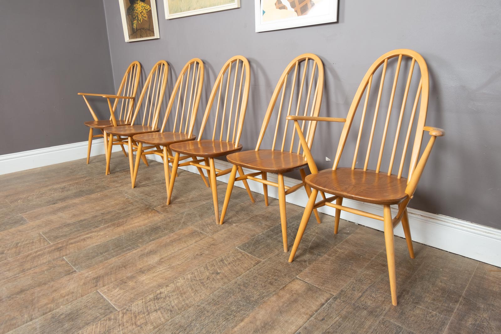 Ercol Light Elm Plank Dining Table and 6 Quaker Chairs - 4 Diners 2 Carvers