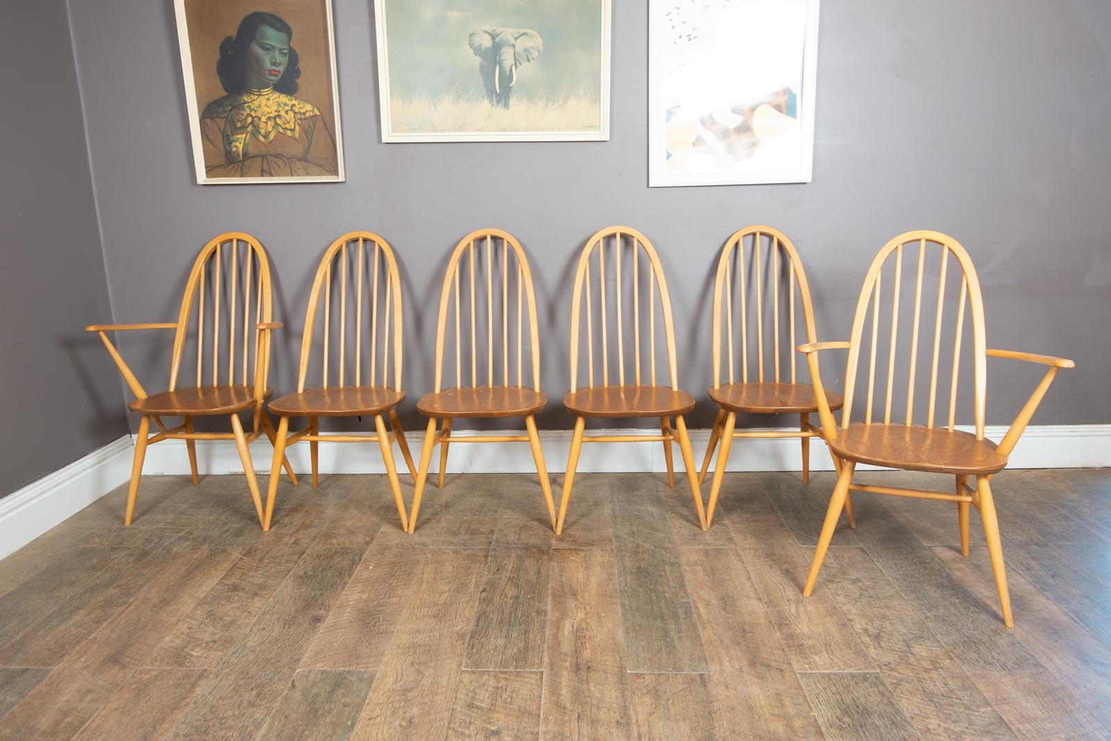 Ercol Light Elm Plank Dining Table and 6 Quaker Chairs - 4 Diners 2 Carvers